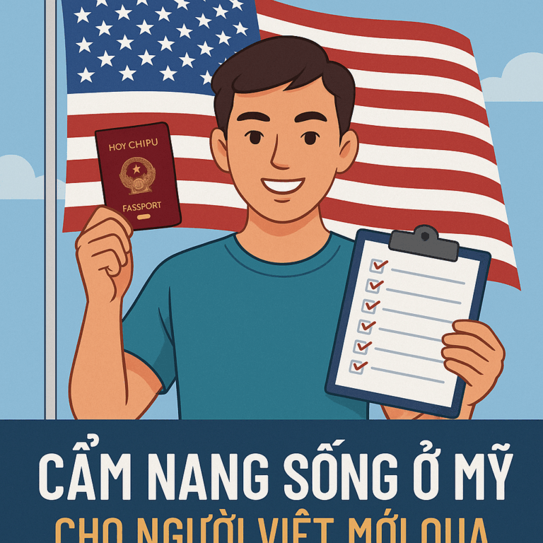 Người Việt mới qua Mỹ cầm passport và checklist trước cờ Hoa Kỳ