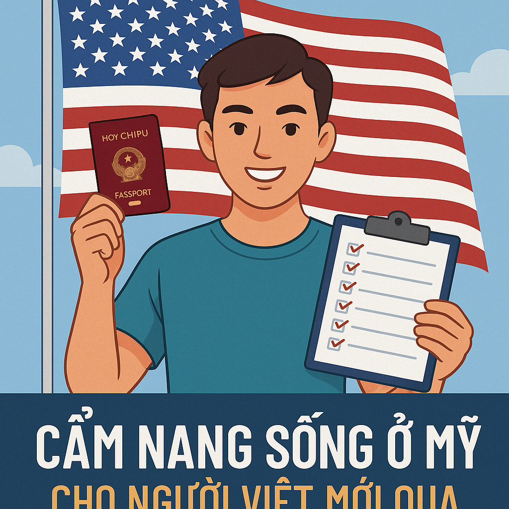 Người Việt mới qua Mỹ cầm passport và checklist trước cờ Hoa Kỳ