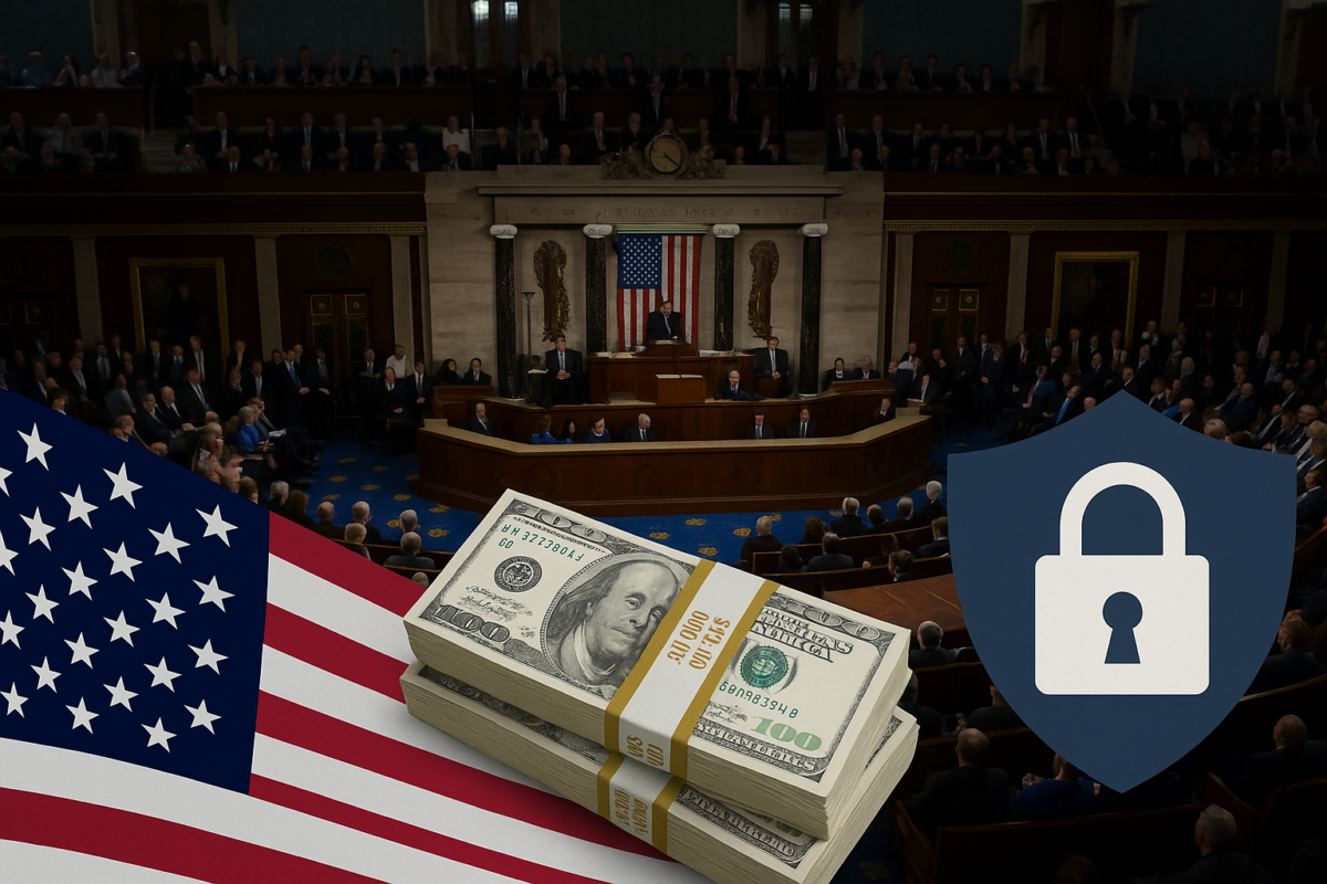 Dự luật One Big Beautiful Bill Act tại Hạ viện Mỹ với hình ảnh cờ Mỹ, tiền đô la và biểu tượng an ninh