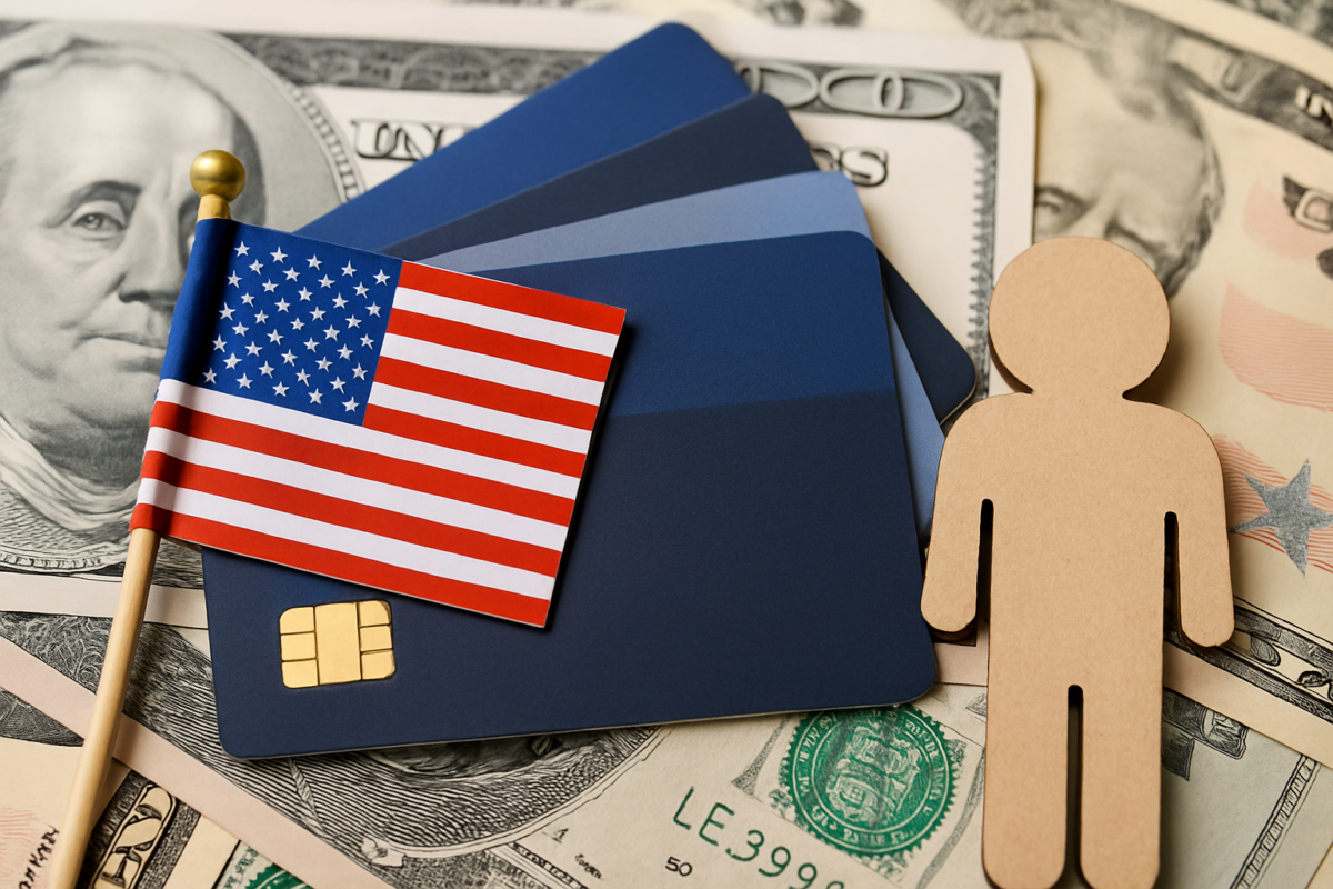 Thẻ tín dụng màu xanh, cờ Mỹ và biểu tượng con người nằm trên tiền đô la Mỹ