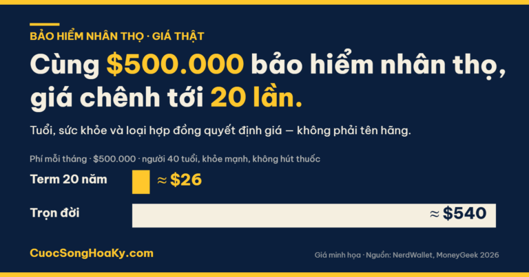 Cùng $500.000 bảo hiểm nhân thọ, giá chênh tới 20 lần: term 20 năm khoảng $26/tháng, trọn đời khoảng $540/tháng cho người 40 tuổi khỏe mạnh