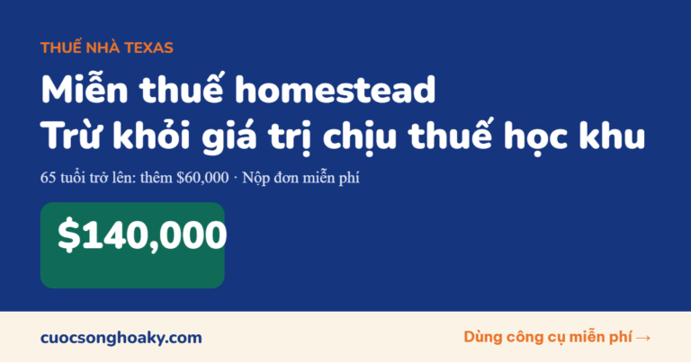 Miễn thuế nhà homestead ở Texas: bớt $140,000 giá trị chịu thuế học khu, nộp đơn ở đâu, khi nào