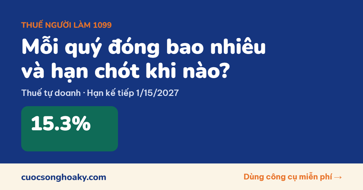 Làm 1099 mỗi quý phải đóng thuế bao nhiêu? 4 hạn chót 2026–2027 và cách tính